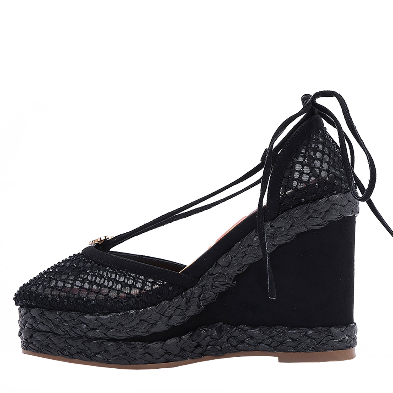 MAYA WRAP ESPADRILLE WEDGE SANDAL IN COLOR BLACK. RHINESTONE MESH TOE CAP AND A BRAIDED TRIM PLATFORM. IT HAS TWO STRAPS WHERE YOU CAN TIE IT ON THE BACK OF THE ANKLE.