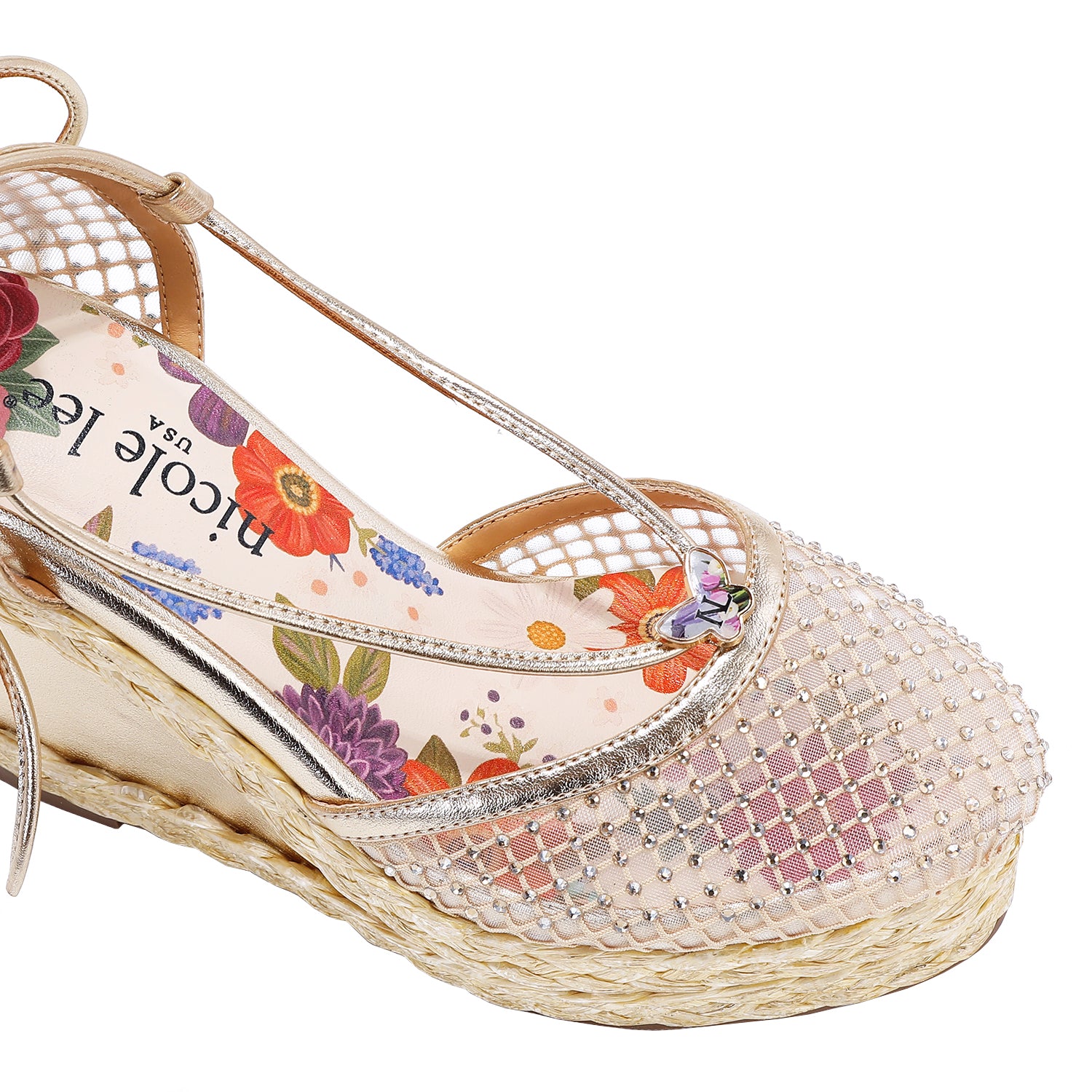 MAYA WRAP ESPADRILLE WEDGE SANDAL FRONT VIEW. REFINED RHINESTONE MESH CLOSED TOE CAP WITH A FLORAL PRINT INSOLE.