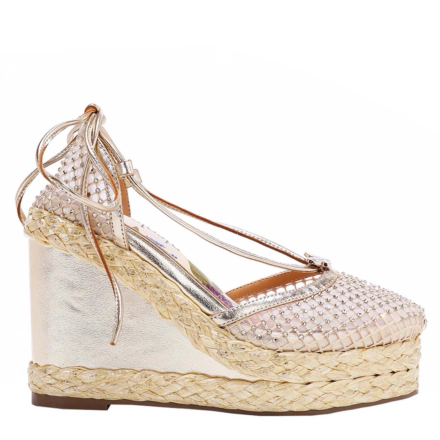 MAYA WRAP ESPADRILLE WEDGE SANDAL IN COLOR GOLD. RHINESTONE MESH TOE CAP AND A BRAIDED TRIM PLATFORM. IT HAS TWO STRAPS WHERE YOU CAN TIE IT ON THE BACK OF THE ANKLE.