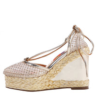 MAYA WRAP ESPADRILLE WEDGE SANDAL IN COLOR GOLD. RHINESTONE MESH TOE CAP AND A BRAIDED TRIM PLATFORM. IT HAS TWO STRAPS WHERE YOU CAN TIE IT ON THE BACK OF THE ANKLE.