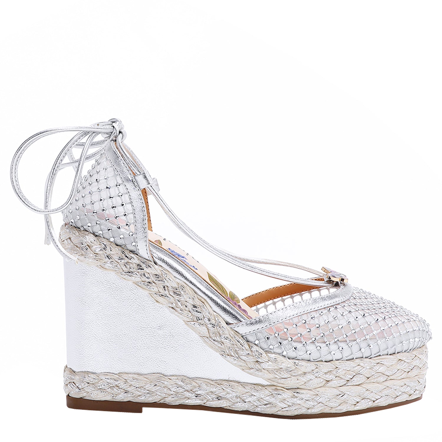 MAYA WRAP ESPADRILLE WEDGE SANDAL IN COLOR SILVER. RHINESTONE MESH TOE CAP AND A BRAIDED TRIM PLATFORM. IT HAS TWO STRAPS WHERE YOU CAN TIE IT ON THE BACK OF THE ANKLE.