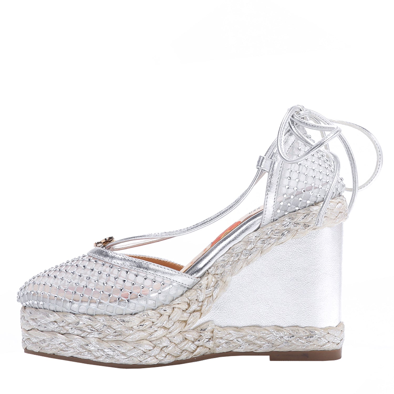 MAYA WRAP ESPADRILLE WEDGE SANDAL IN COLOR SILVER. RHINESTONE MESH TOE CAP AND A BRAIDED TRIM PLATFORM. IT HAS TWO STRAPS WHERE YOU CAN TIE IT ON THE BACK OF THE ANKLE.