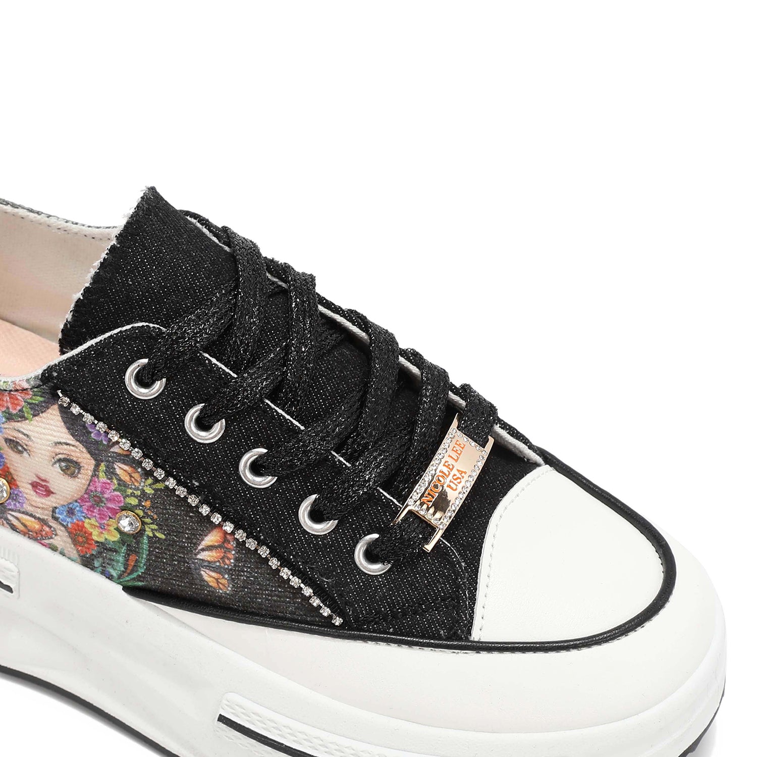 Platform Lace-Up Sneakers with Rhinestone Trim and Studs