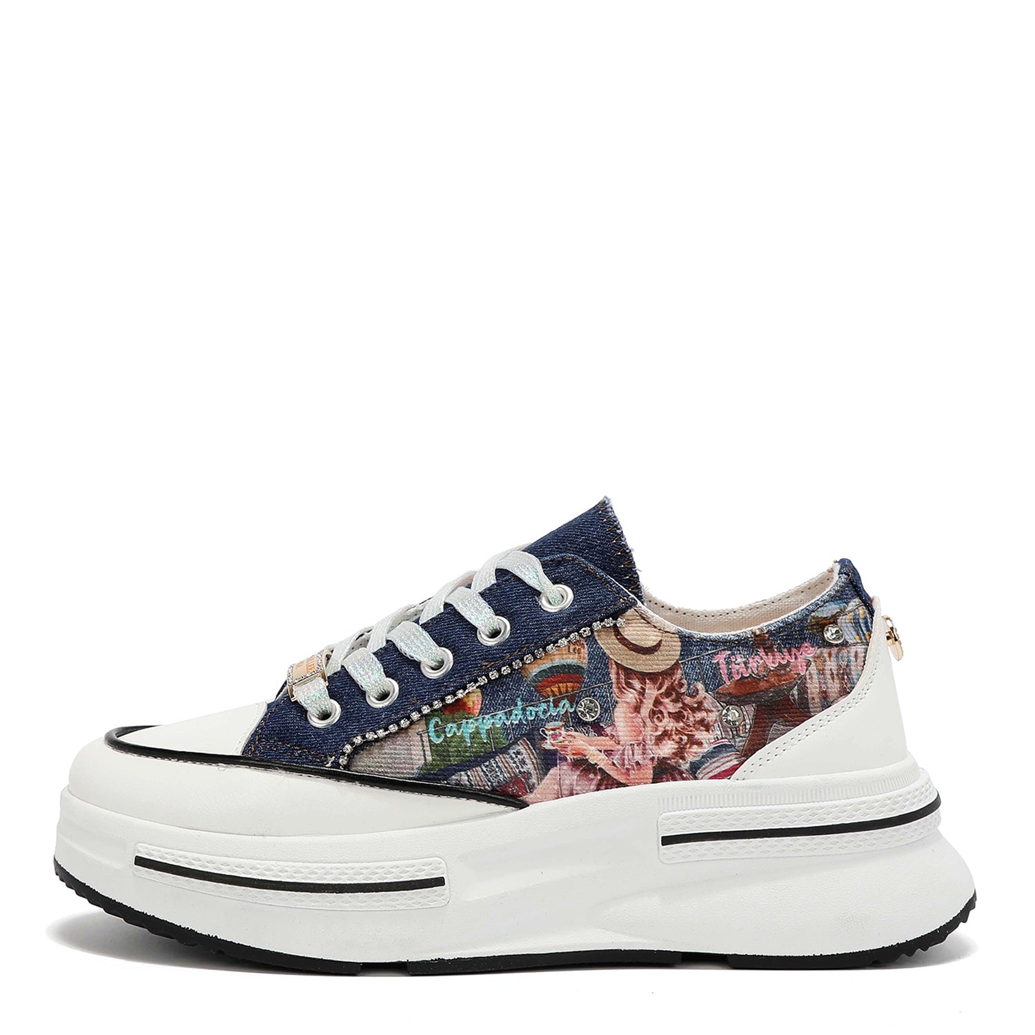 Platform Lace-Up Sneakers with Rhinestone Trim and Studs