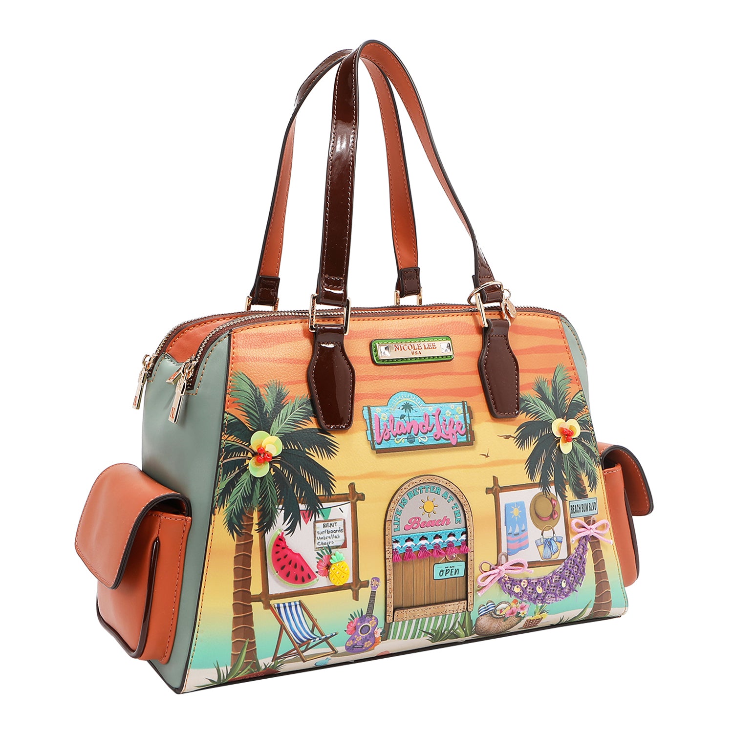 Sun & Sand Handbag Embellished with Island Charm, Tropical Palms
