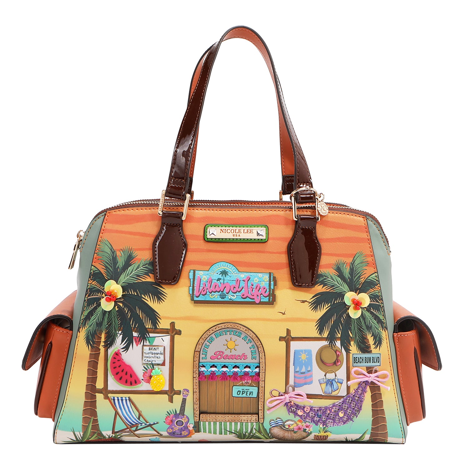 Sun & Sand Handbag Embellished with Island Charm, Tropical Palms