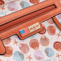 Close-up of a 'nicole lee' logo on a shell-patterned background