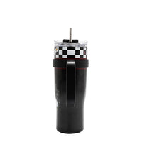 STAINLESS STEEL BLACK TUMBLER  WITH A HANDLE AND SILVER STRAW.