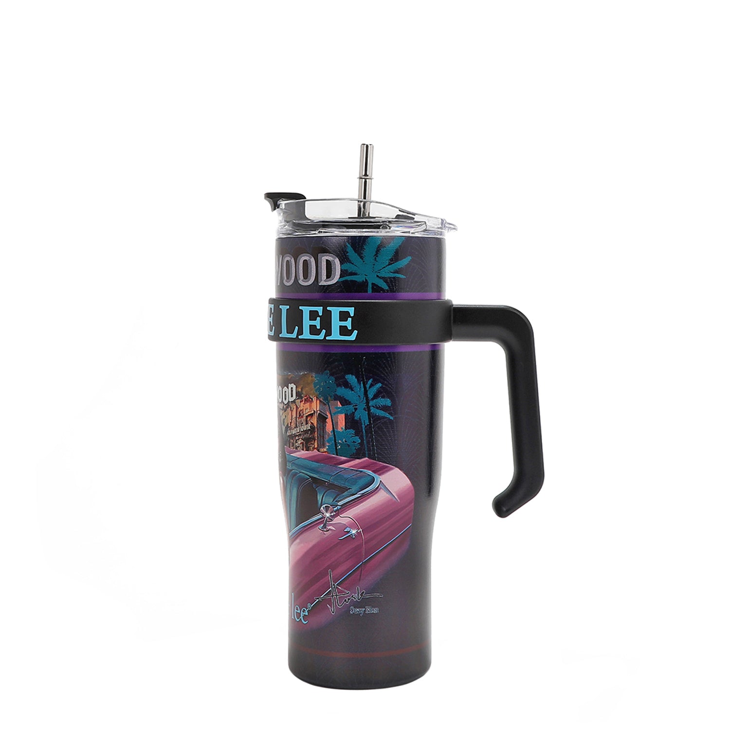 STAINLESS STEEL BLACK TUMBLER  WITH A BLACK HANDLE AND SILVER STRAW.