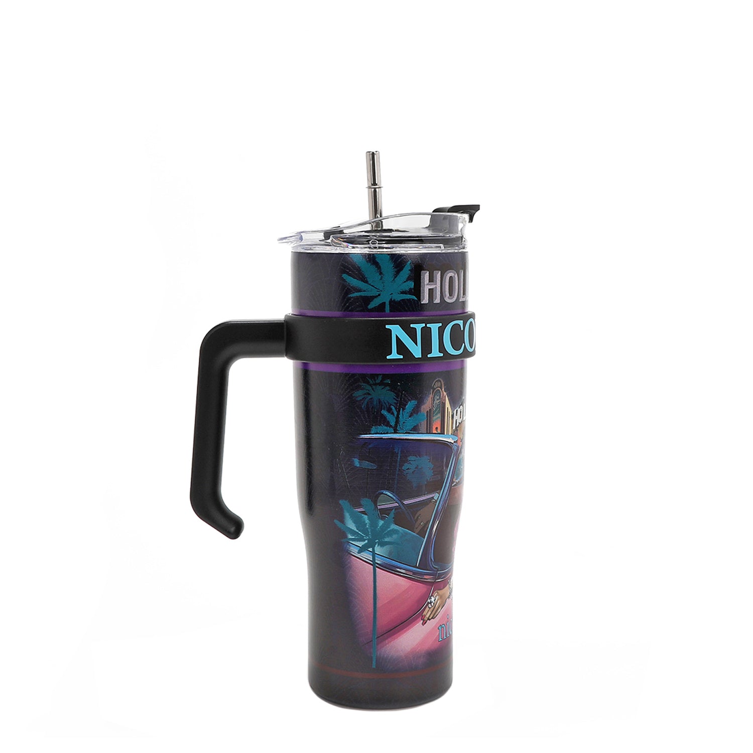 STAINLESS STEEL BLACK TUMBLER  WITH A BLACK HANDLE AND SILVER STRAW.