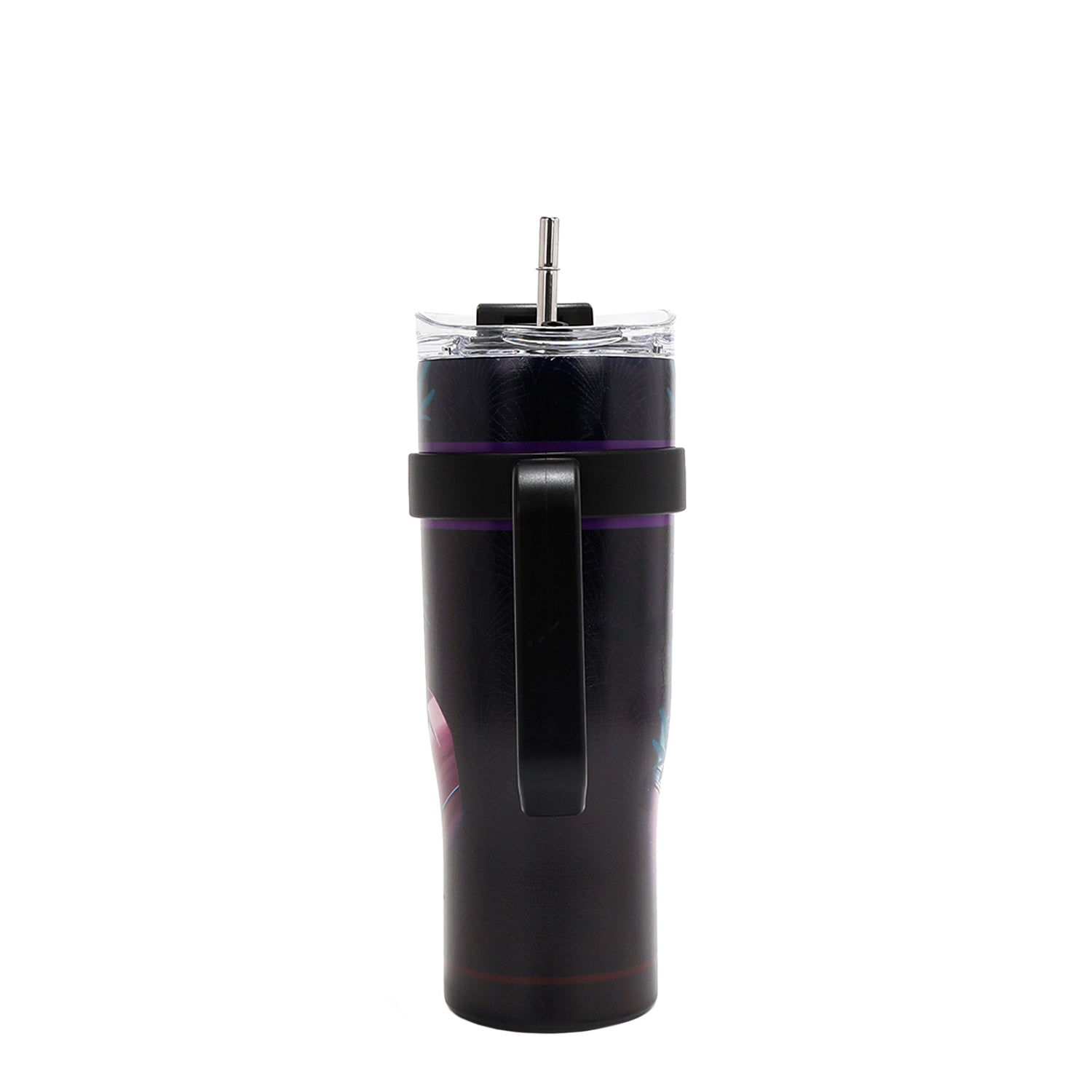 STAINLESS STEEL BLACK TUMBLER  WITH A HANDLE AND SILVER STRAW.
