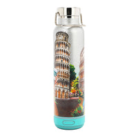 THE TUMBLER  HAS A SILVER GLITTER BACKGROUND, SHOWING PART OF THE COLOSSEUM IN ROME ITALY AND THE LEANING TOWER OF PISA.
