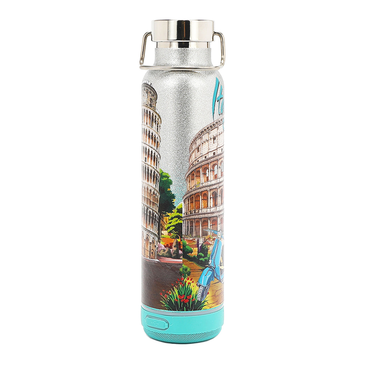 THE TUMBLER  HAS A SILVER GLITTER BACKGROUND, SHOWING PART OF THE COLOSSEUM IN ROME ITALY AND THE LEANING TOWER OF PISA.
