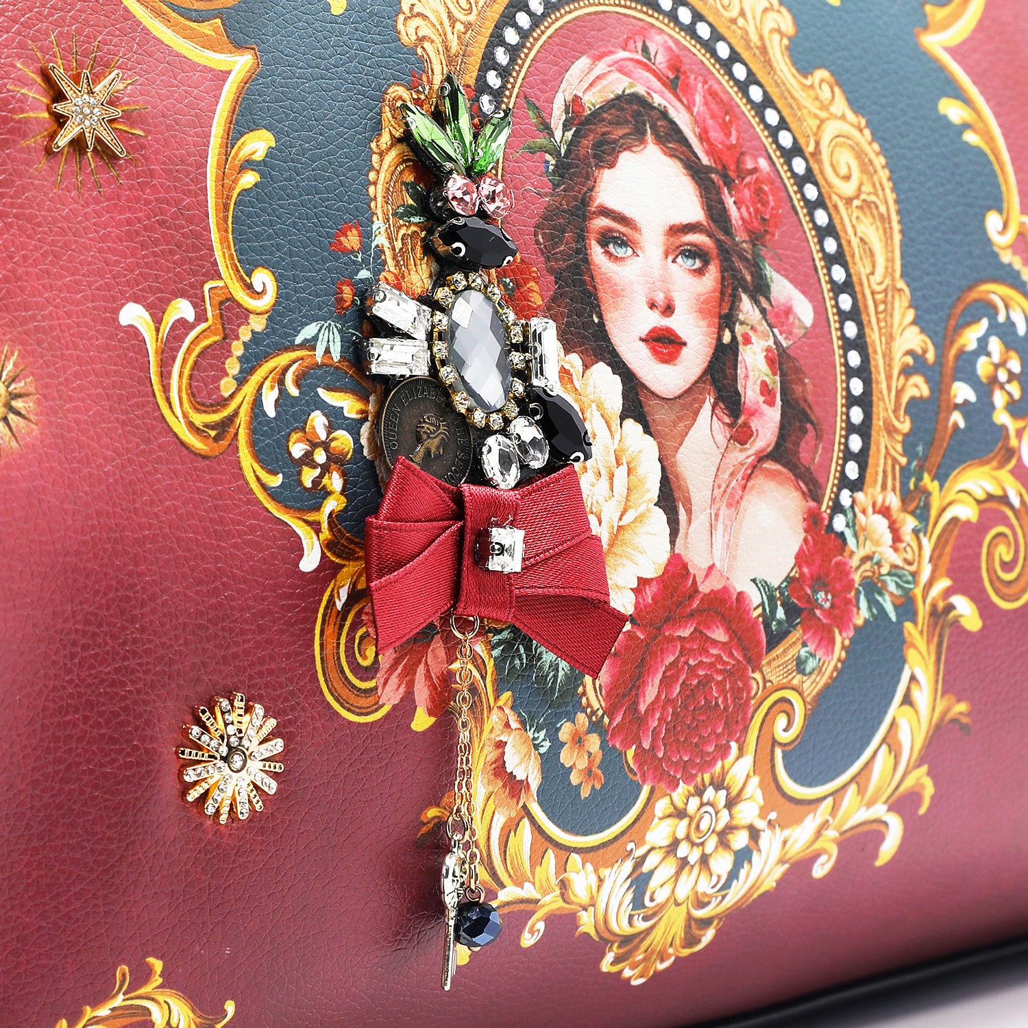 The Queen Wide Handbag with Embellishments, Bow and Tassel Charm