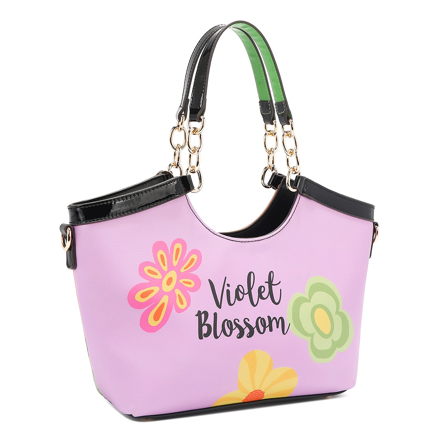 Violet Blossom Handbag Embellished with Gleaming Gold Chain-link