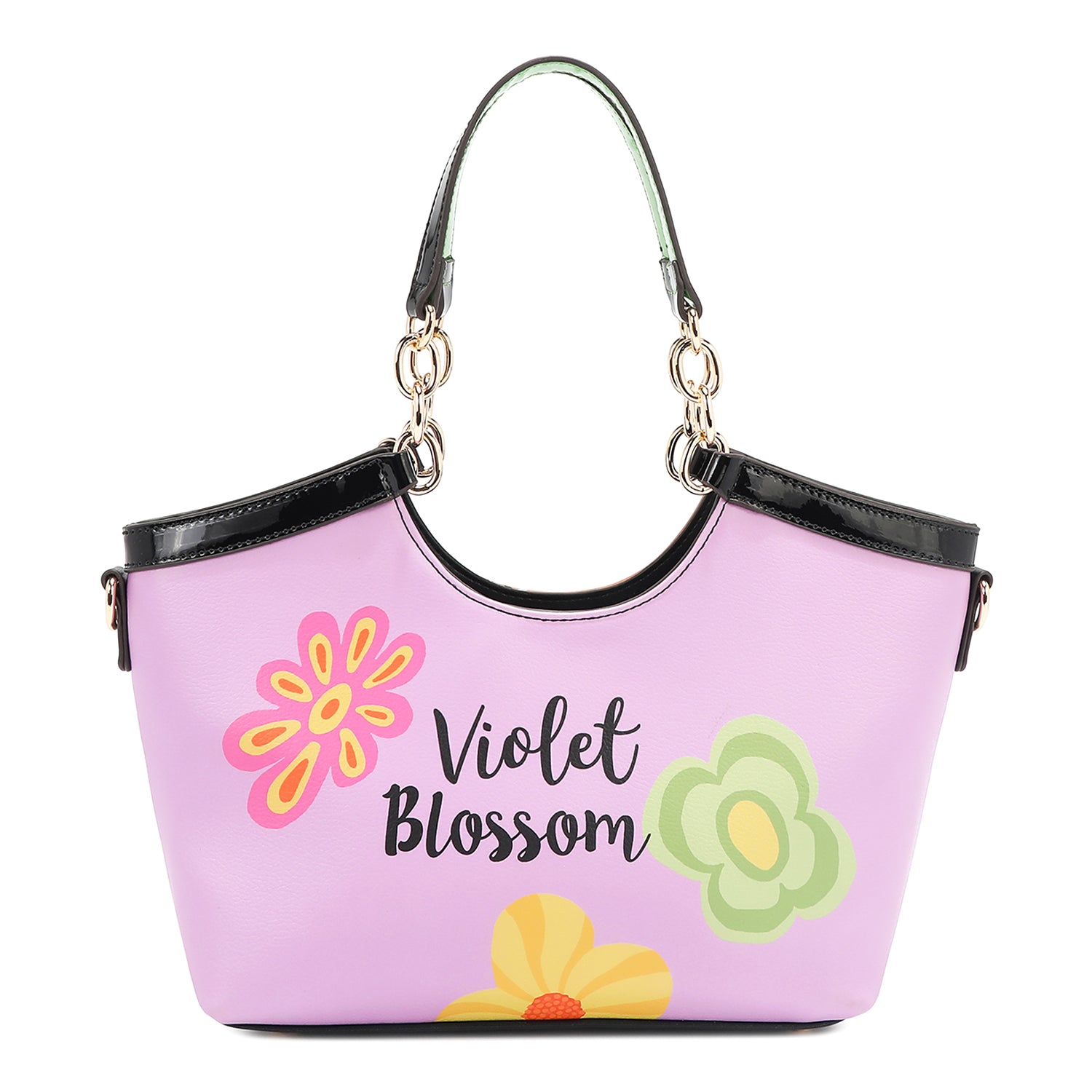Violet Blossom Handbag Embellished with Gleaming Gold Chain-link