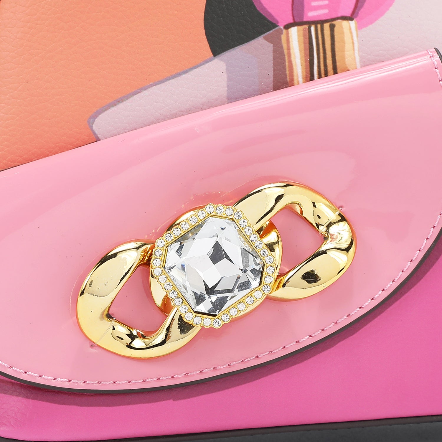 Violet Blossom Handbag Embellished with Gleaming Gold Chain-link