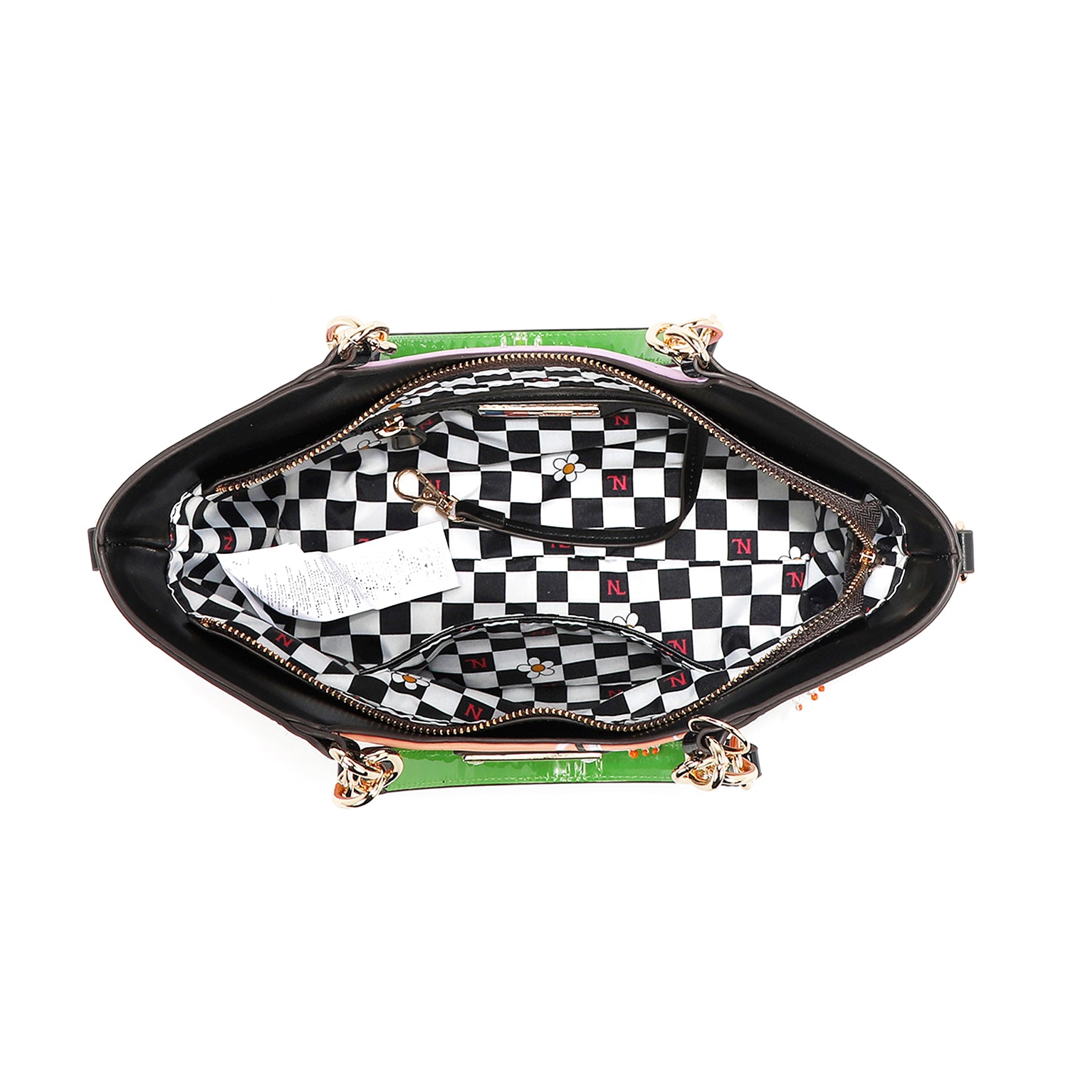 Violet Blossom Handbag Embellished with Gleaming Gold Chain-link