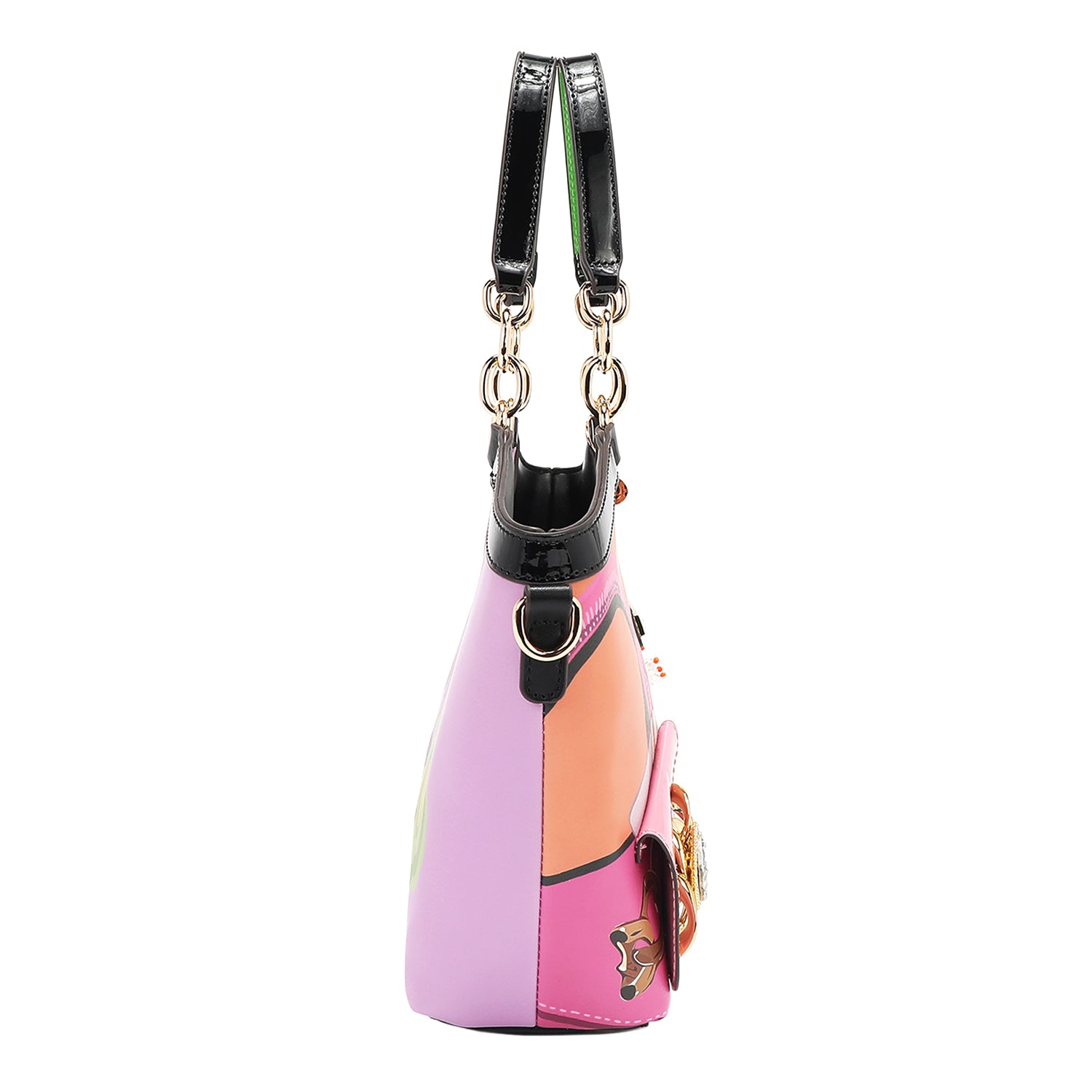 Violet Blossom Handbag Embellished with Gleaming Gold Chain-link