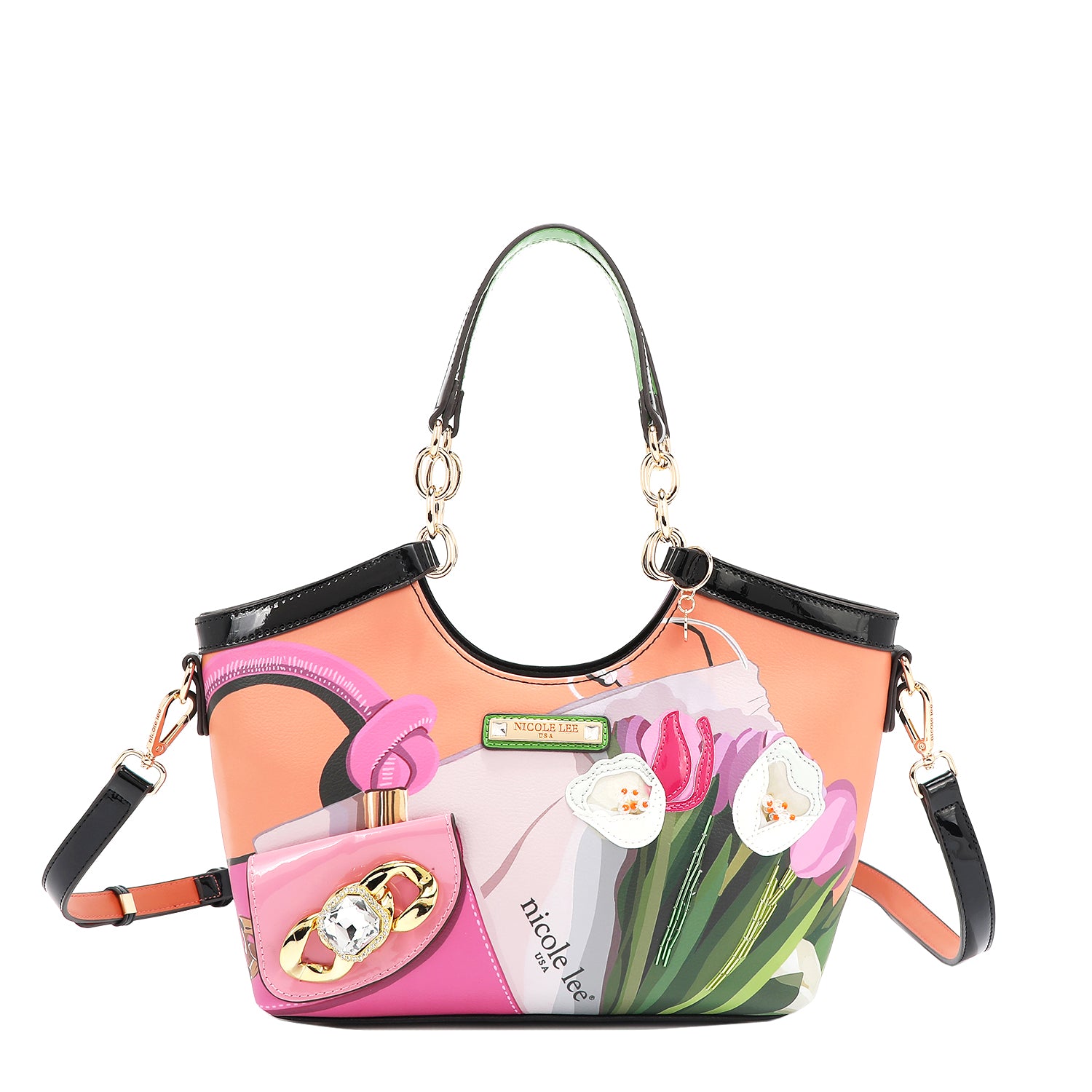 Violet Blossom Handbag Embellished with Gleaming Gold Chain-link
