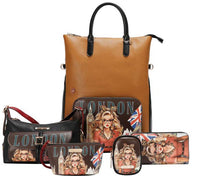 LONDON EYE 5 PC CONVERTIBLE BAG / BACKPACK SET (LARGE CONVERTIBLE BAG / BACKPACK, CROSSBODY, POUCH, COINPURSE, WALLET)