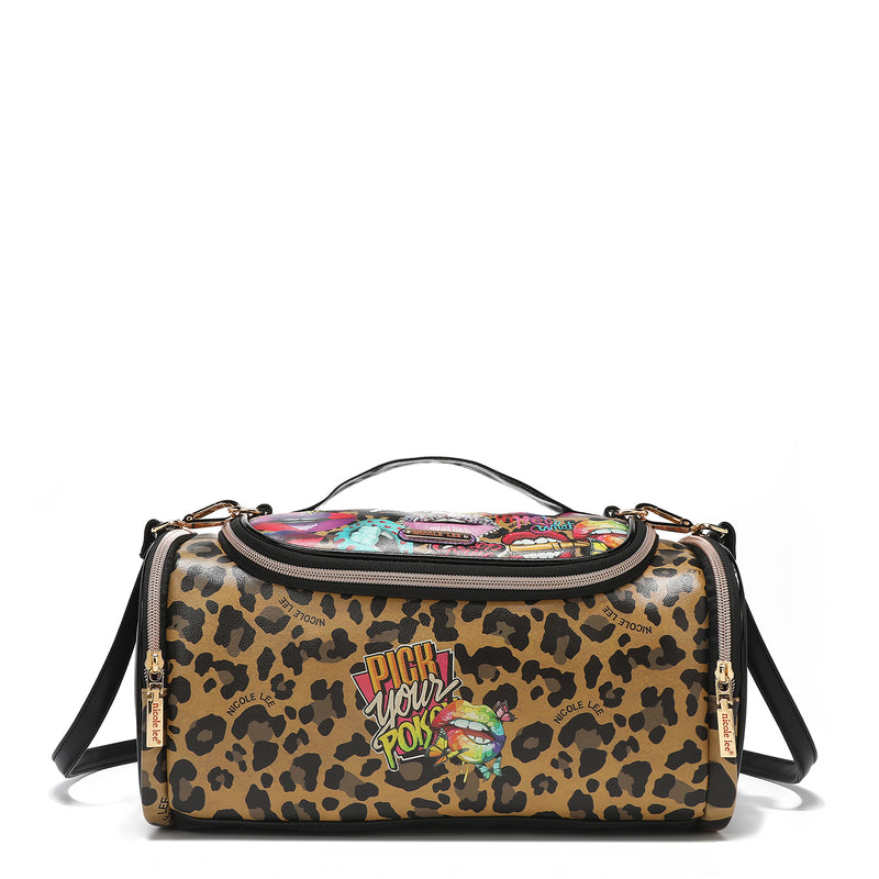 Leopard Print Purse Handbag, Animal Cheetah Canvas and Leather Top Handle  Boston Barrel Type Designer Accessory Women Bag 