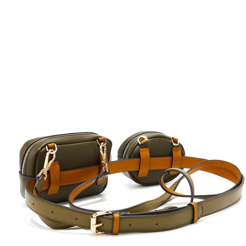  D.LerBung 2 Pieces Womens Fanny Pack Leather Belt with  Removable Belt Waist Pouch Fashion Belt Bags Black and Khaki