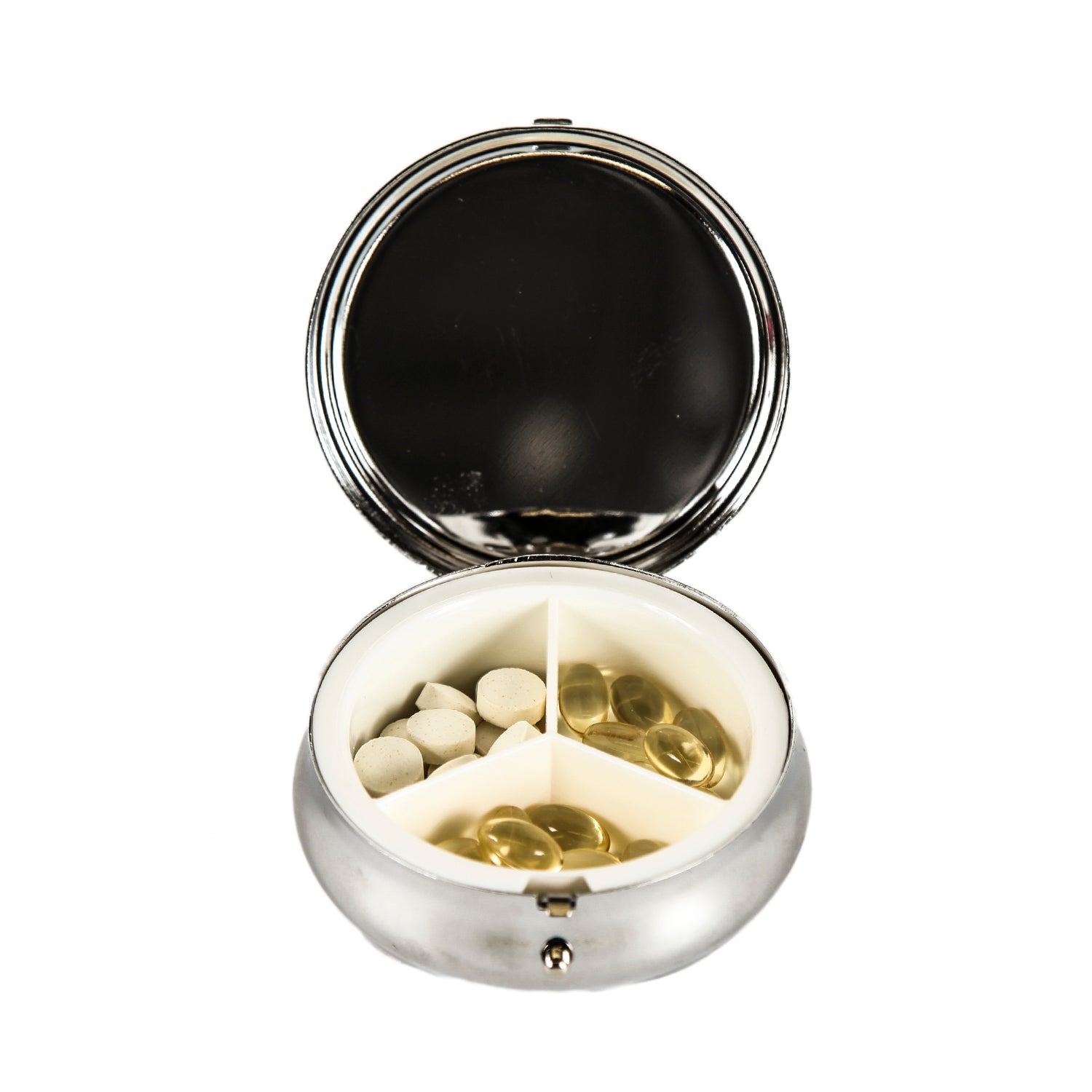 NL Signature Round Pill Case, Compact Circle Pill Box - Silver