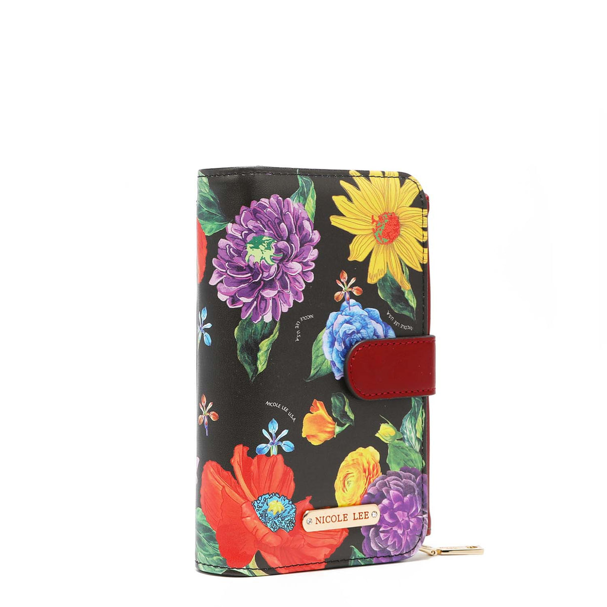 OUR NICOLE LEE PHONE CASE CROSSBODY WALLET IN OUR BE MY VALENTINE DESING (BLACK BACKGROUNG AND COLORFUL FLOWERS) SET IN WHITE BACKGROUND 