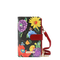 OUR NICOLE LEE PHONE CASE CROSSBODY WALLET IN OUR BE MY VALENTINE DESING (BLACK BACKGROUNG AND COLORFUL FLOWERS WITH A BURGUNDY STRAP) SET IN WHITE BACKGROUND 