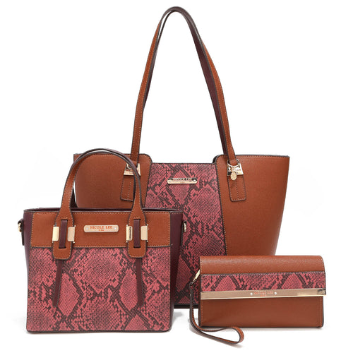 Sleek with a chic snakeskin effect, transition with ease from day to night with our Malia 3-in-1 set featuring a spacious everyday tote, crossbody, and wristlet clutch. MALIA 3 PIECE SET (Tote, Crossbody, Clutch) in mauve with brown accents and faux snakeskin accents. 